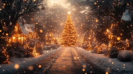 Winter Street Scene with Christmas Tree Illuminated by Golden Lights and Gentle Snowfall