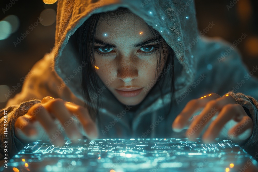 Aufkleber Hacker in Hoodie Interacting with Futuristic AI Interface in Cyber Security Concept Against Dark Background