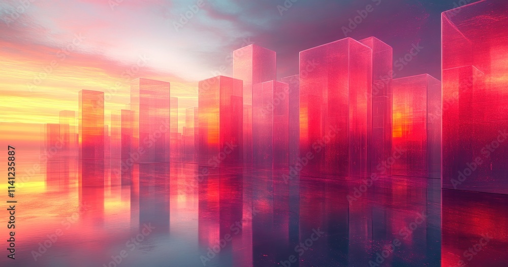 Aufkleber futuristic abstract geometric shapes in neon light on dark background 3d digital art