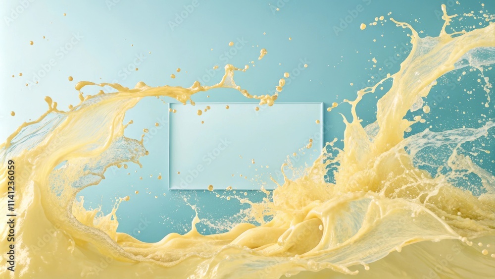 Poster pineapple juice is splashing and framing a blank billboard on a turquoise background, creating a dyn