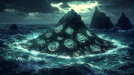 Mysterious glowing island in stormy ocean.