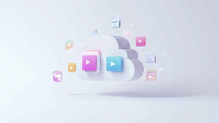 Minimalist Cloud Design with Flying Icons: Folders, Photos, and Videos
