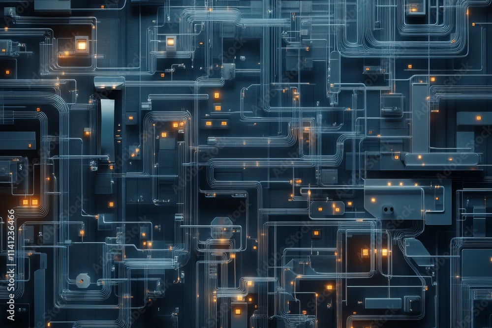Poster intricate technology background with glowing circuit patterns and neon lights in a dark blue environ