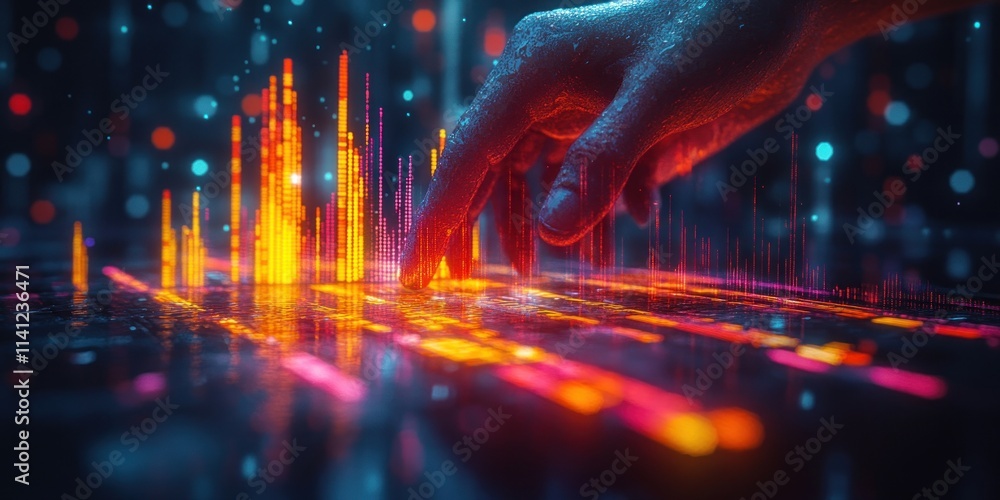 Poster stock market trends analysis with interactive holographic graphs and minimalist design