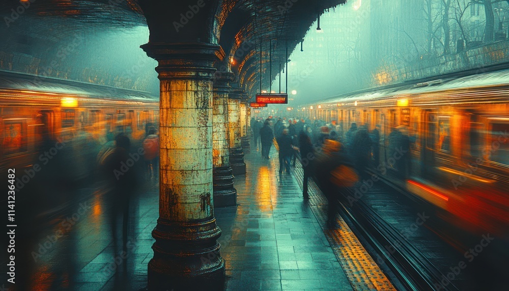 Poster Empty advertising pillar in subway station with commuters and trains in motion on urban concrete background