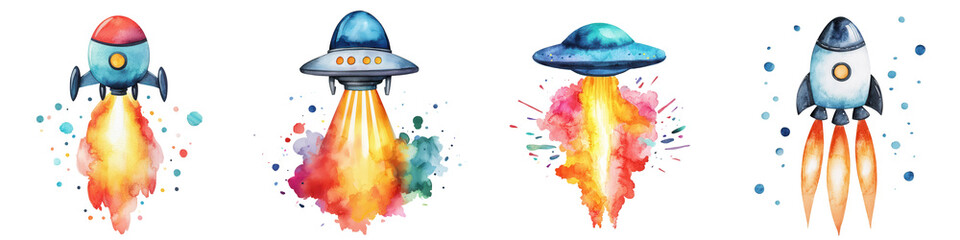Colorful rockets and UFOs taking off with bursts of energy and vibrant flames, isolated on transparent background.