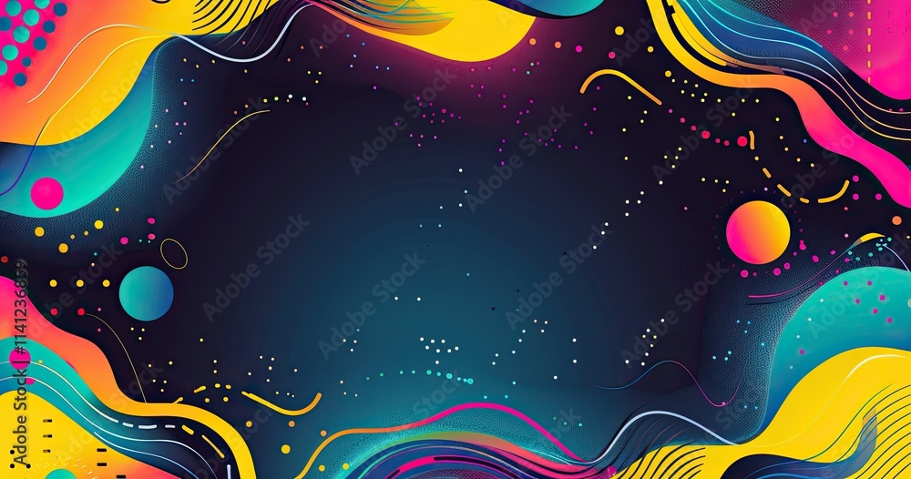 Poster colorful abstract design with flowing shapes and cosmic elements for creative projects.