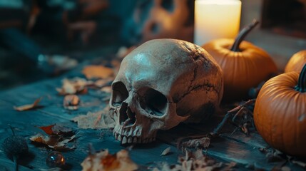 A human skull rests on a dark wooden surface among autumn leaves and pumpkins, creating an eerie Halloween scene.