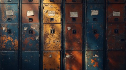 Close-up view of metal lockers in uniform rows, offering a minimalistic background for fitness, education, or secure storage content