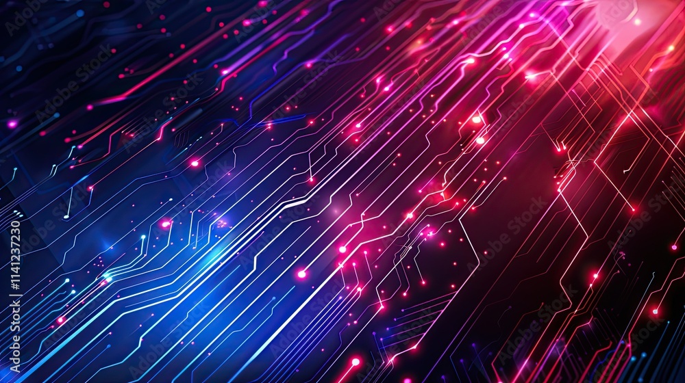 Poster abstract digital circuitry with vibrant colors representing technology and innovation.