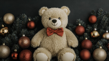 fluffy bear wearing red bow tie sits among festive ornaments and pine branches, radiating warmth and joy during holiday season