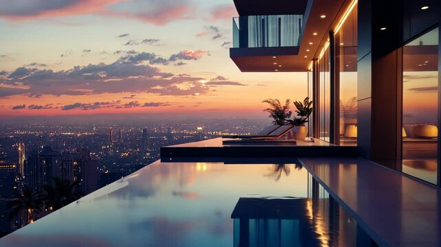 Luxury Penthouse Sunset Cityscape: Infinity Pool and Breathtaking Views