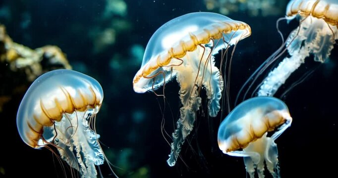 Graceful jellyfish drifting through crystal-clear waters, their translucent bodies illuminated by the soft glow of sunlight, creating a mesmerizing underwater&nbsp;ballet.