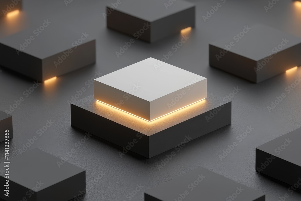 Aufkleber modern 3d geometric composition featuring a central illuminated white block surrounded by dark block
