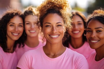 Fototapeta premium Group Portrait of Diverse Women Advocating Breast Cancer Awareness in Pink Shirts