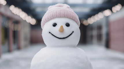 Obraz premium joyful snowman smiling with pink hat stands in winter setting, surrounded by soft lights. This cheerful figure brings warmth to cold season