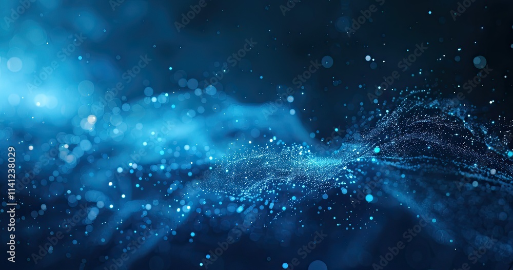 Poster abstract blue waves with sparkling particles, evoking a sense of depth and tranquility.