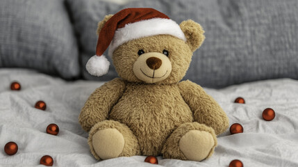 plush teddy bear wearing Santa hat sits on cozy bed surrounded by festive ornaments, evoking warm holiday spirit
