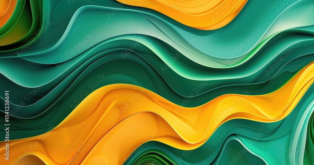 Poster abstract waves in green and orange create a dynamic, flowing design.