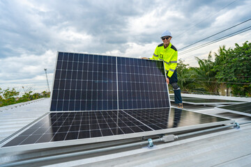 A skilled technician adjusts a solar panel on rooftop, emphasizing the transition to sustainable...