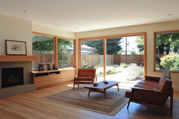 Fototapeta premium Modern Living Room with Large Windows over Looking Lush Garden, Featuring Elegant Furniture, Natural Light, Warm Wood Accents, and Cozy Atmosphere