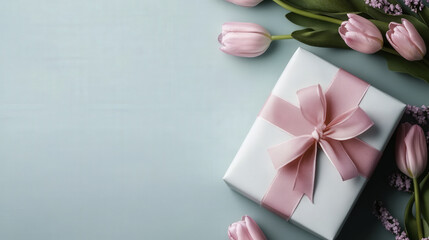 beautiful spring themed setup featuring pastel gift box adorned with pink ribbon, surrounded by fresh pink tulips and greenery, evoking sense of joy and celebration
