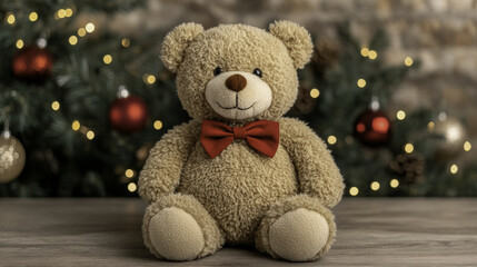 teddy bear with red bow tie sits happily in front of festive background, evoking warmth and joy during holiday season