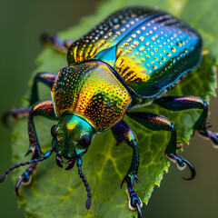 Naklejka premium Close-Up of an Iridescent Beetle on a Leaf with Detailed Exoskeleton and Natural Habitat