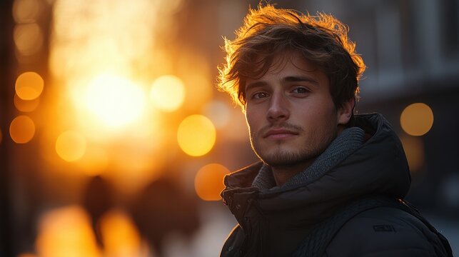 Young Happy Caucasian Man Smiling Alone in Busy City Looking Up at the Blue Sky with Sun Shining - Powered by Adobe