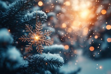 Fototapeta premium Magical Winter Wonderland with Snowflakes and Sparkling Lights Cozy Festive Holiday Atmosphere