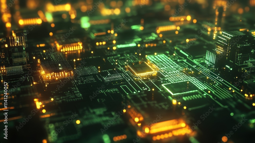 Poster an intricate circuit board with microchips and transistors highlighted by a soft green glow illustra