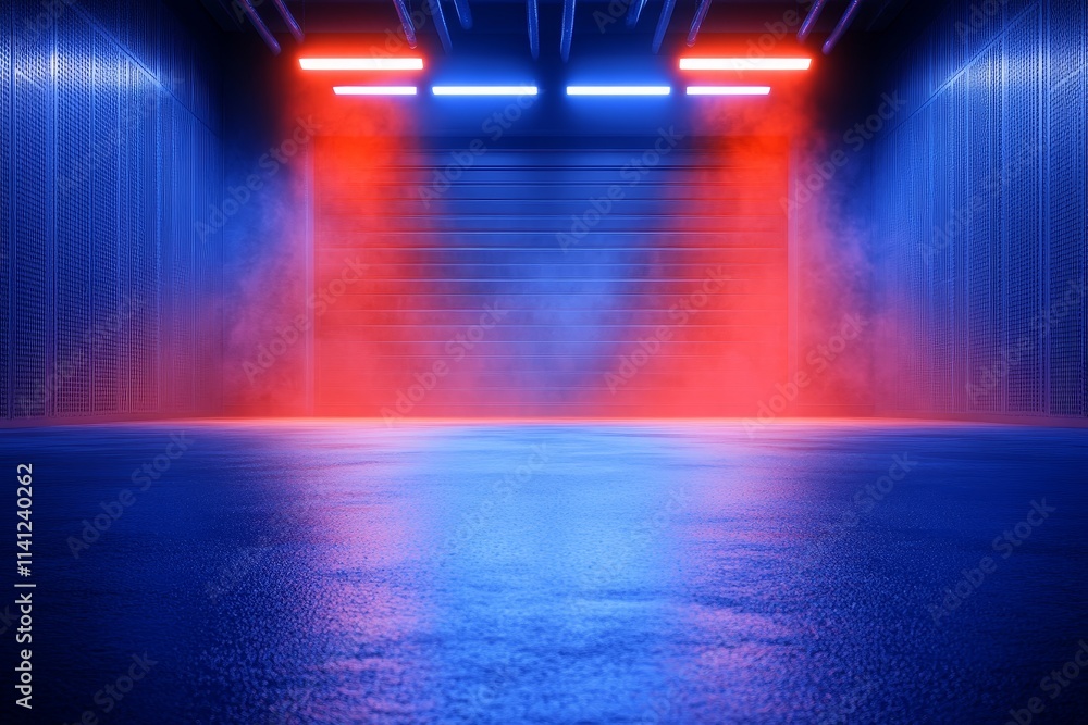 Poster neon lights illuminate a dark space in a modern industrial setting with dramatic color contrasts and