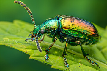 Naklejka premium Close-Up of an Iridescent Beetle on a Leaf with Detailed Exoskeleton and Natural Habitat