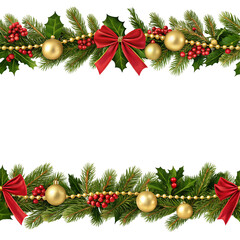 Seamless decorative Christmas border and white background, PNG format
