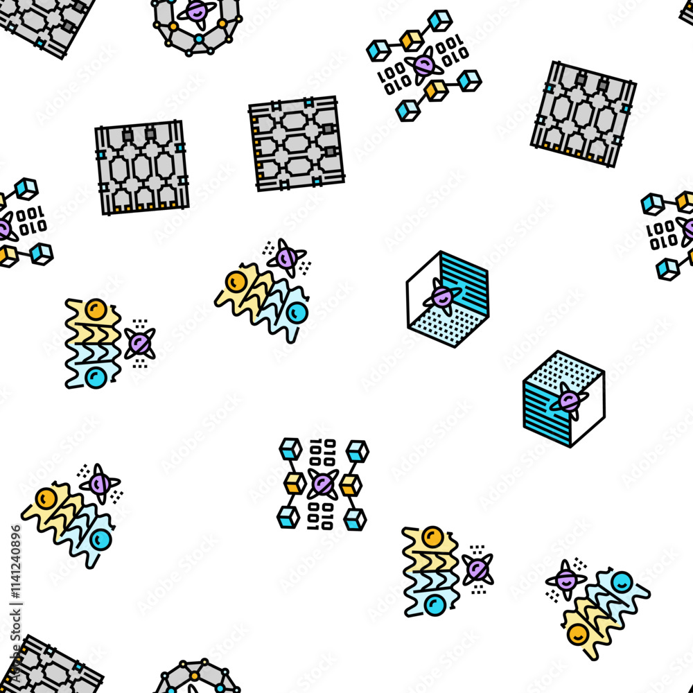 Poster quantum technology data science vector seamless pattern thin line illustration