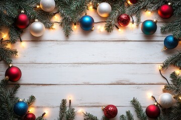 Christmas lights framing a white wooden background with a colorful string light border, creating a festive and vibrant atmosphere with copy space.