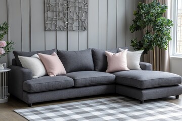 Scandinavian-style living room with a dark gray fabric sofa, oversized chaise lounge, matching pillows, checkered rug, white side table, and silver metal wall art.