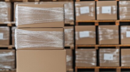 Stack of Kraft Packaging Boxes in Warehouse