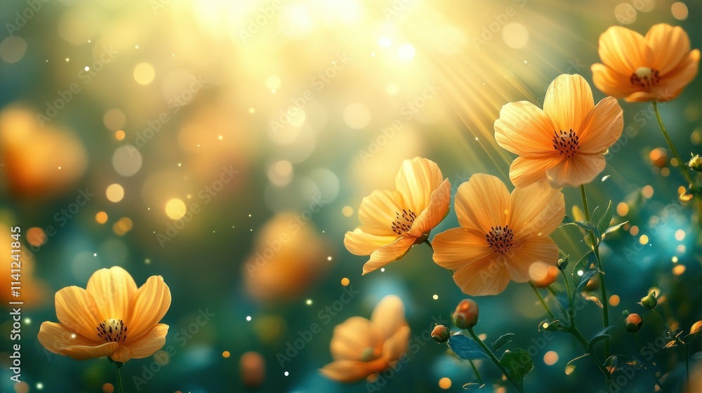 Aufkleber vibrant abstract floral background in yellow and turquoise with bokeh effects and light rays