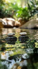  Serene Zen stones delicately balanced on one another, nestled amidst a tranquil, crystal-clear water background.