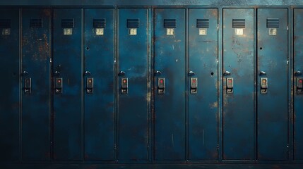 Obraz premium Symmetrical metal lockers lined up in a hallway, offering a simple and organized background for stock photos or visual designs