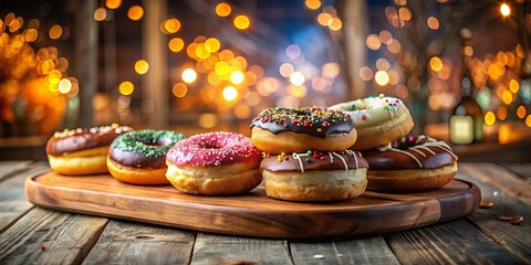 A delightful assortment of assorted sweet treats on a wooden board, bathed in warm, festive lighting.