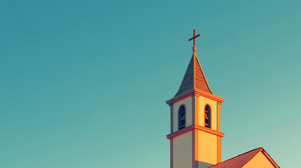 Fototapeta premium Photo of a church steeple with a cross on top, minimalistic and simple with a clear blue sky background in soft natural light with sharp focus generative ai. Spire. Illustration