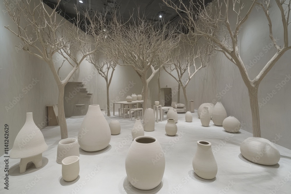 Poster serene art installation featuring unique ceramic vases and abstract trees in a minimalist gallery se