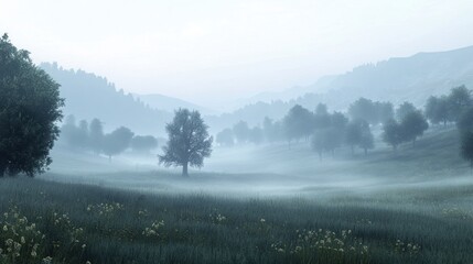 Fototapeta premium Misty morning landscape with trees and rolling hills.