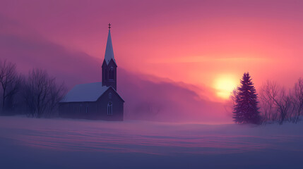 Obraz premium Pink sunrise over snowy field, church spire silhouetted. Spire. Illustration