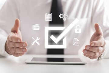 businessman hold guarantee check mark for  clients service