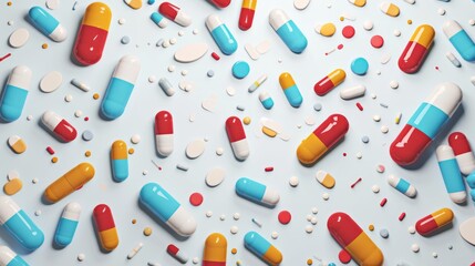  Assortment of colorful medicine capsules scattered on a white surface, pills spilling from pharmacy bottles.