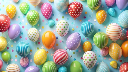 A jubilant collection of colorful polka dot and striped balloons scattered on a light blue background, celebrating a festive occasion with cheerful confetti.
