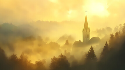 Fototapeta premium Village veiled in morning fog, the church spire a beacon amidst the soft golden light. Spire. Illustration